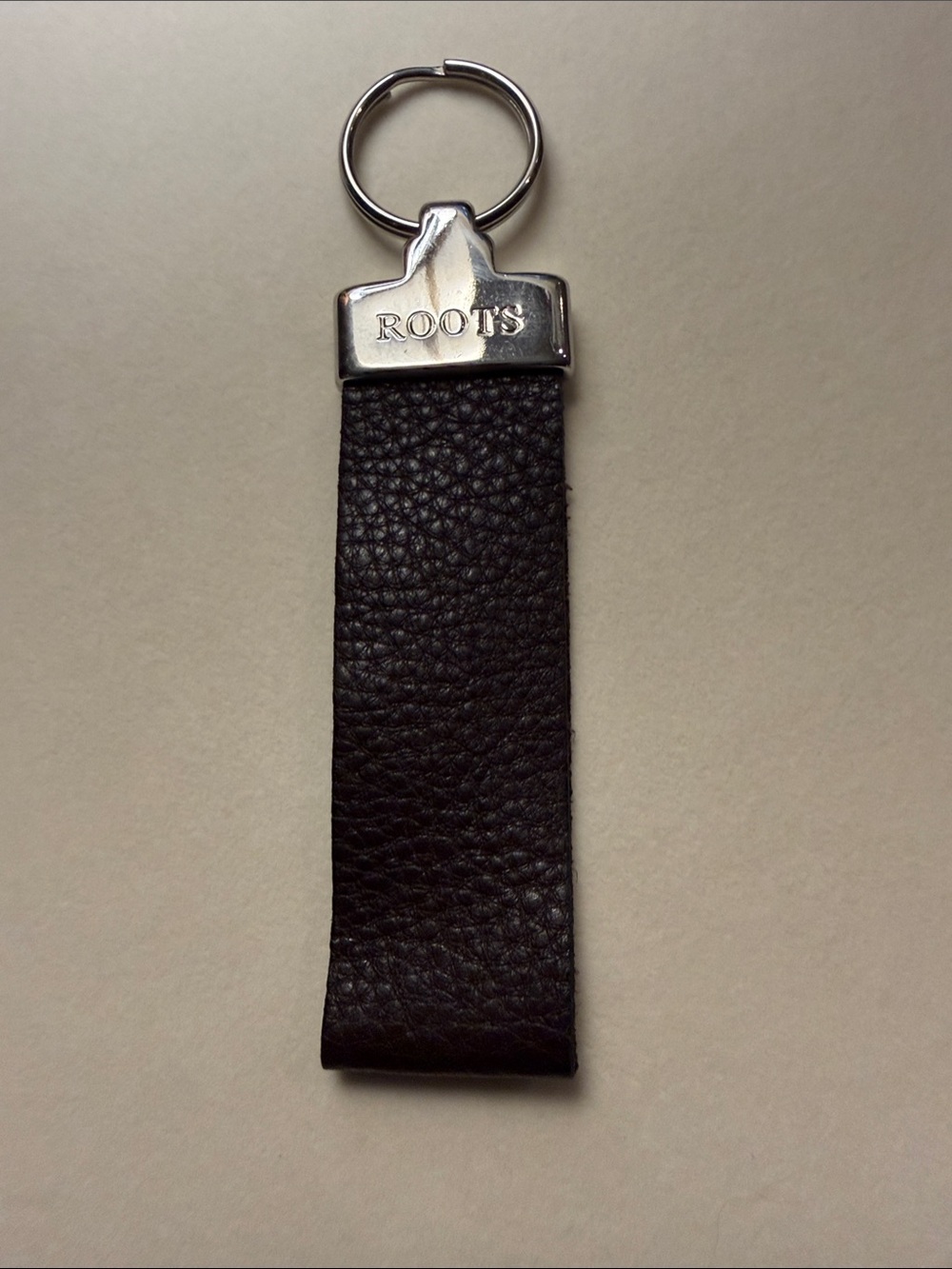 Roots Black Leather Key Fob with Silver Hardware
